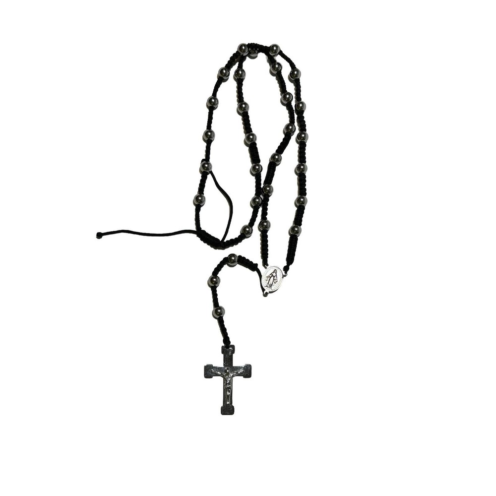 Catholic Rosary Crucifix Stainless Steel Cross Silver Beads Black Knotte…